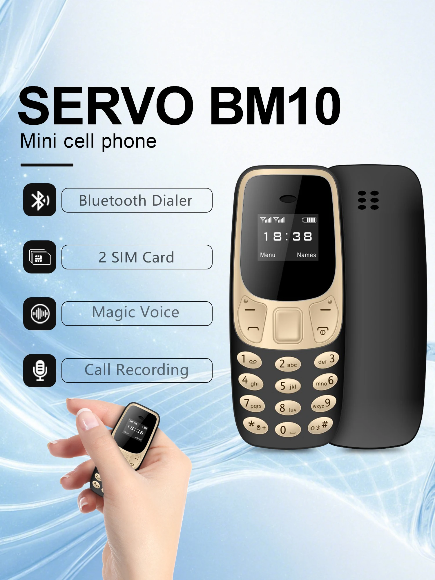 SERVO BM10 Winziges Mobiltelefon 2G GSM Bluetooth-Kopfhörer Stimmverzerrer Dialer Mini-Telefon Anrufaufzeichnung Dual-SIM Dual-Standby Entsperrtes Kleines Handy