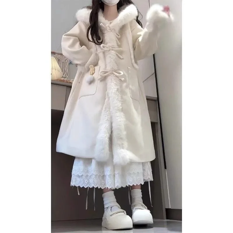 2025 New Streetwear Preppy Sweet Loose Woolen Long Sleeve Coat Autumn Winter Hooded Fur Collar Butterfly Knot Splicing Plush Top