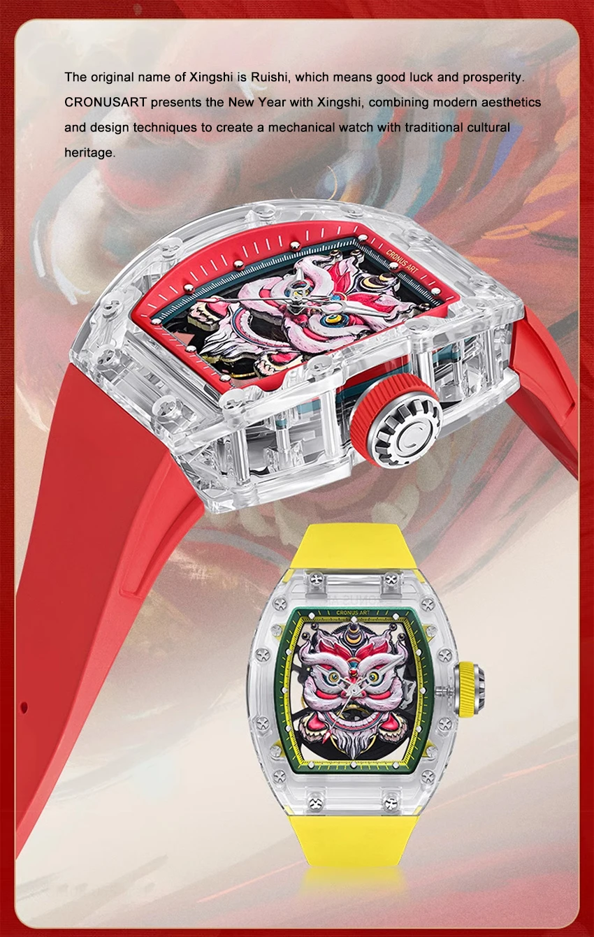 Cronusart-自動サファイアケース付き機械式腕時計,50mm x 42mm,フルオロラバーストラップ,トーノケース,ライオンダイヤル