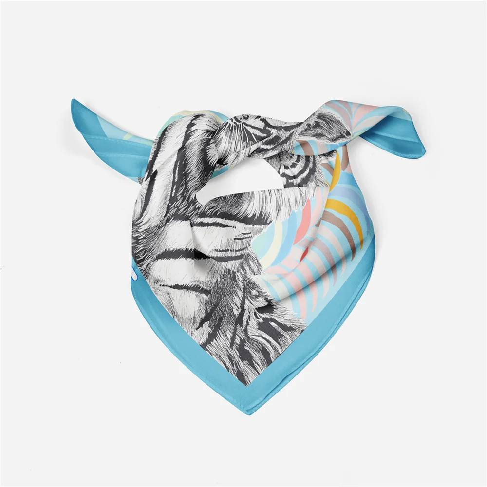 Twill-Seidenschal für Damen, indischer Tiger-Druck, quadratische Schals, Wickel, Bandana, kleine Hijabs, Seidenfoulards, Krawatte, Stirnband, Halstuch, 53 cm – Detail 13