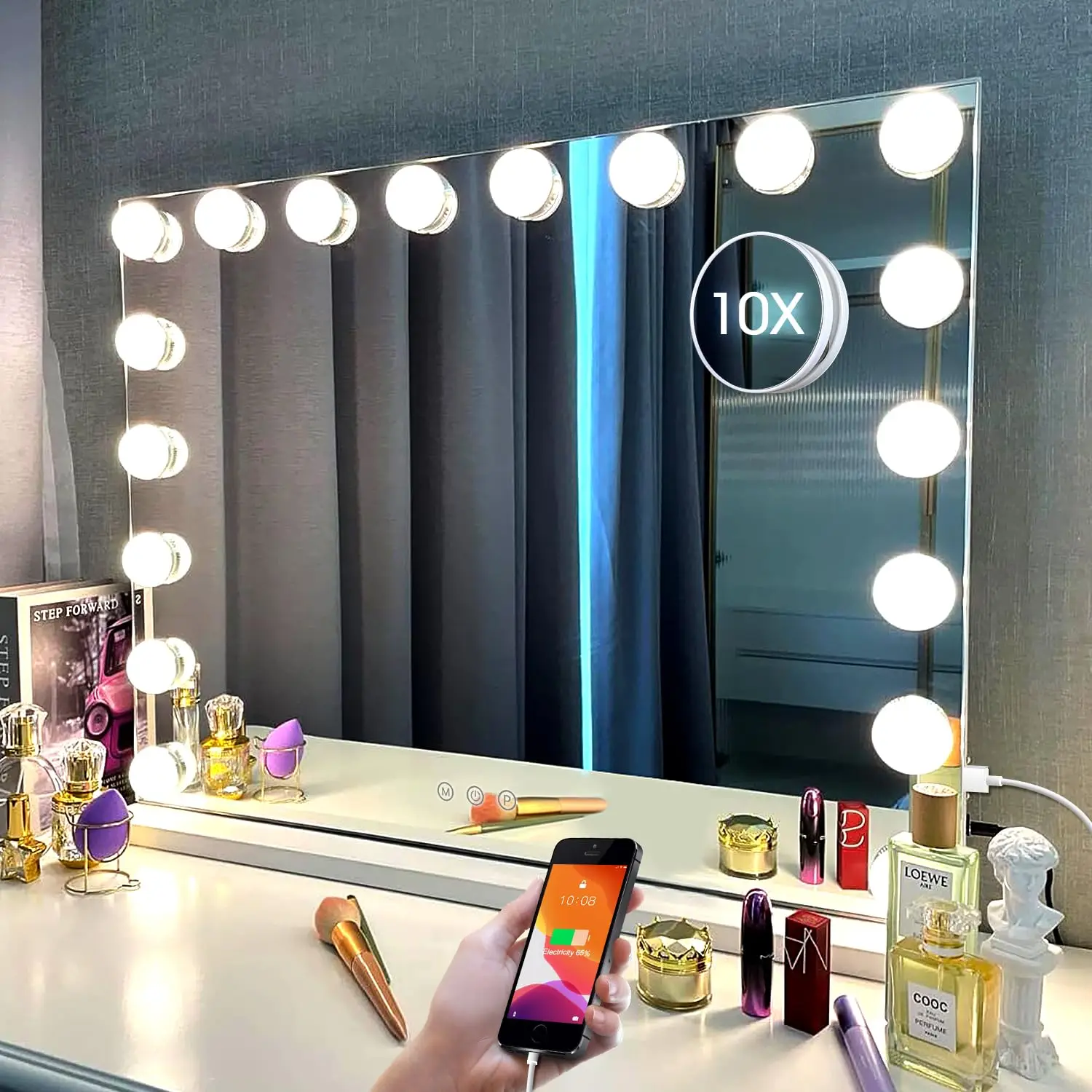 

Vanity Mirror with Lights-Large Makeup Mirror, 27.6" x21.6'' Hollywood Lighted Mirror with 18 LED,3 Color Modes,Touch Control, U