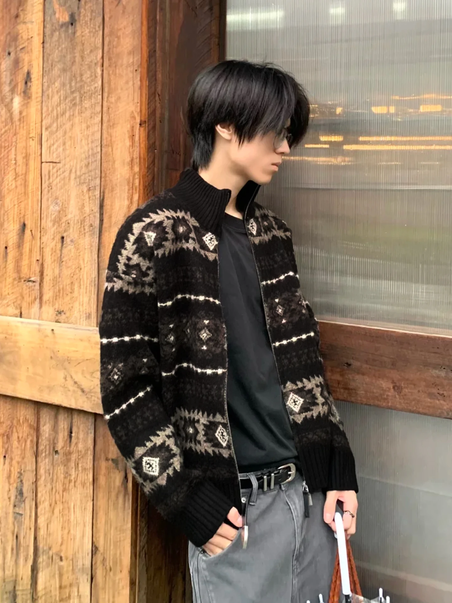 

Мужской зимний винтажный свитер-жакет в стиле барокко с вышивкой, свободный, теплый, с воротником-стойкой и молнией, вязаная верхняя одежда