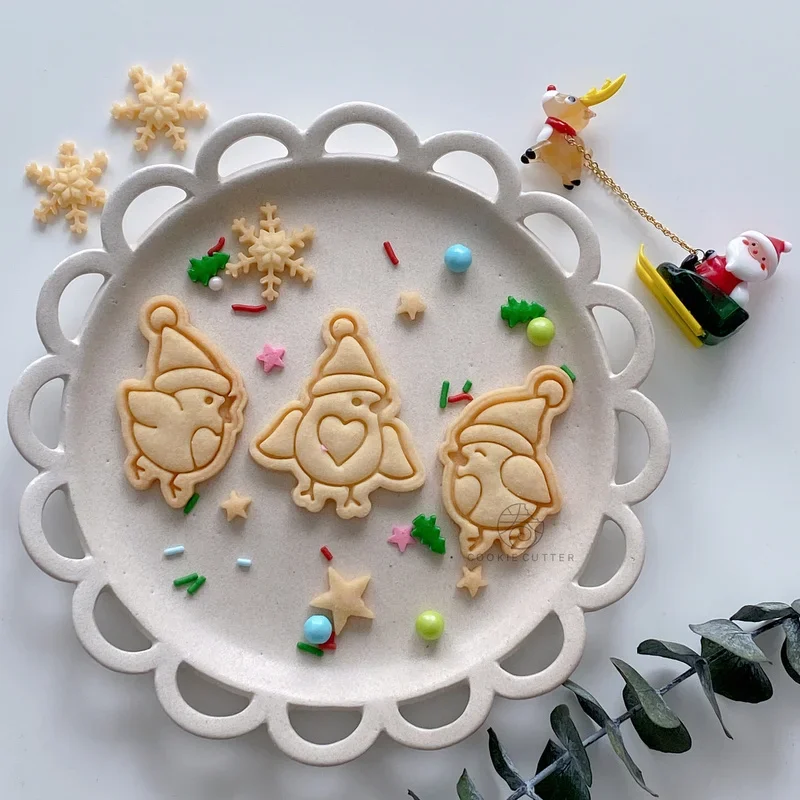 3Pcs Christmas Bird Gingerbread Man Cookie Cutter Butter Biscuit Mold Mini Cookie Embosser Stamp Fondant Cake Decorating Tools