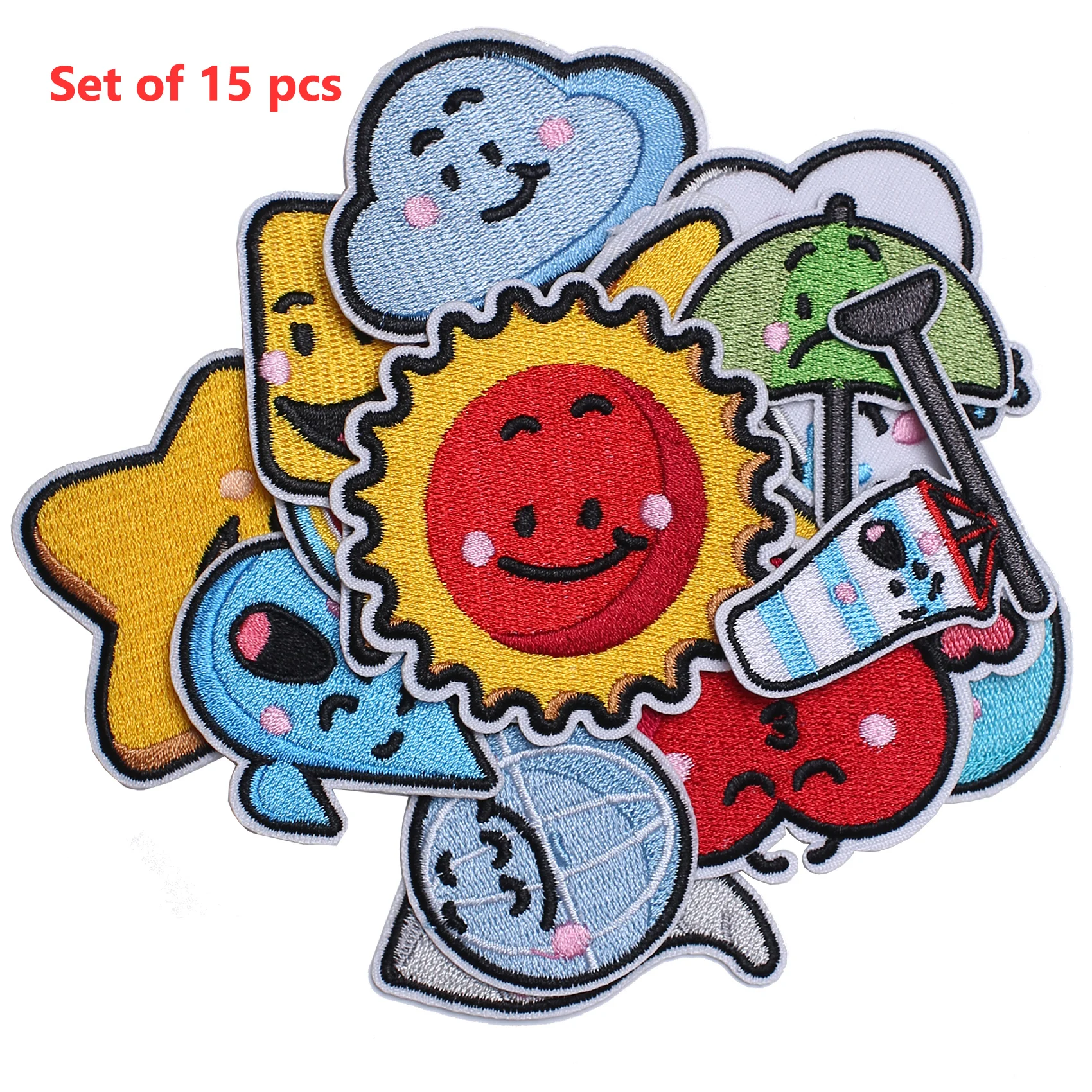 AXEN-Embroidery Patch Sticker, Weather Icon, Iron on 3D, Sew on Sunny, Cloudy, Rainy, Snowy, Set of 15Pcs