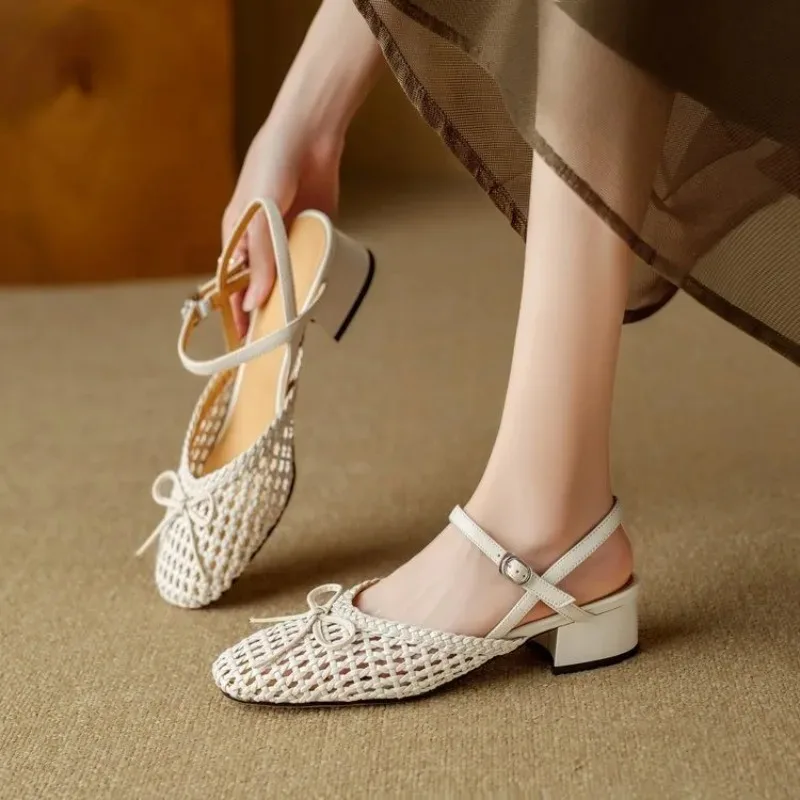 

Cutout Woven Wrapped-Head Sandals Women's Block Heel Summer Bow Slip Buckle Anti-Slip Kitten Heel Roman Shoes