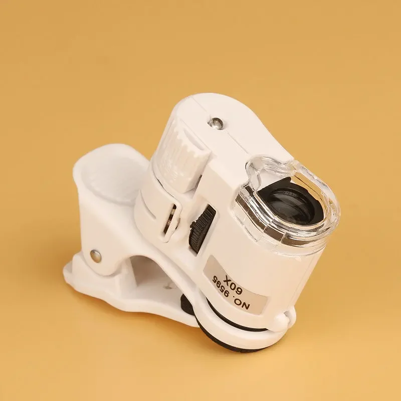 Universal Clip Microscope 60X LED Jewelry Magnifying Glass Focusing Adjusted Pocket Microscope with Cell Phone Clip UV Light