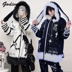 Original Design Autumn and Winter Cross Iron Chain Strap Detachable Fur Rabbit Ears Hooded Zipper Coat Loose Y2K Hoodie Jackets