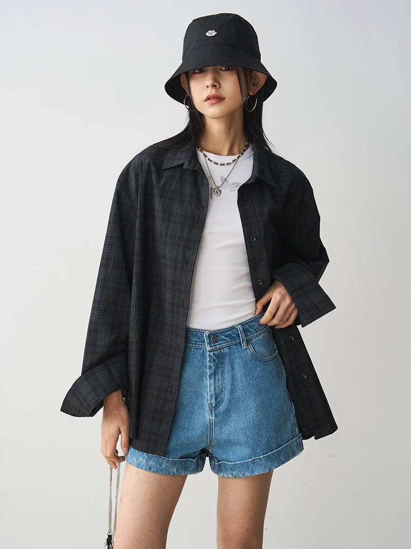 

Винтажная свободная рубашка из чистого хлопка с длинными рукавами в клетку, женская, синяя, для многослойных образов, верхняя одежда