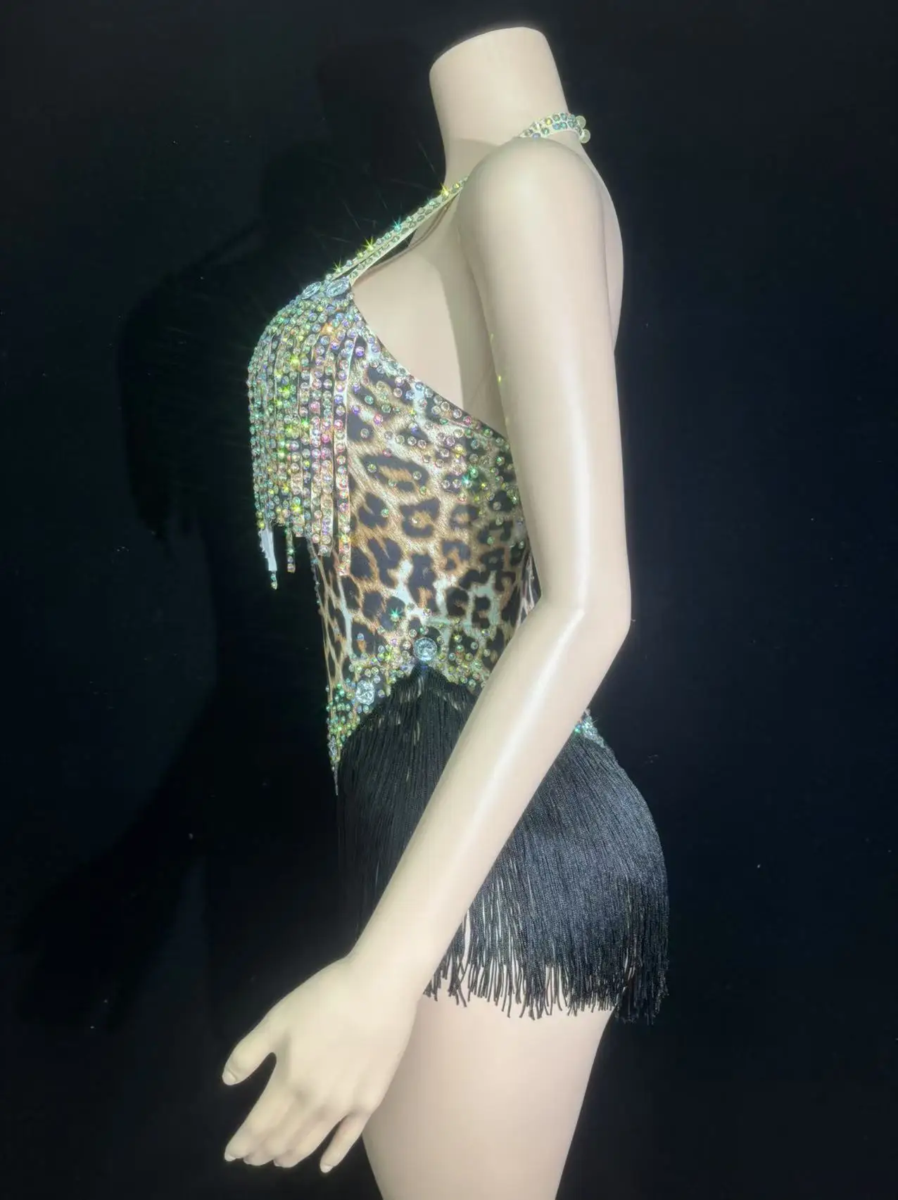 Sexy Sparkly Rhinestones Tassel Leopard Print Backless Bodysuit Performance Dance Costume Singer Dancer Stage Wear Latin Outfit