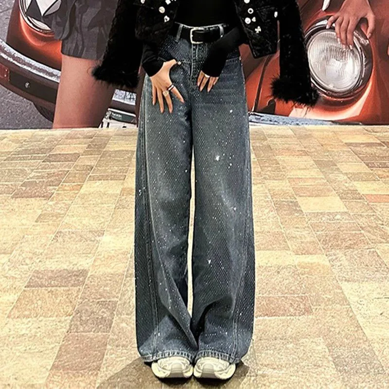 Large-sized Heavy-duty Diamond Embossed Wide-leg Jeans Women, New Spring Summer High-waisted Starry Sky Straight-leg Denim Pants