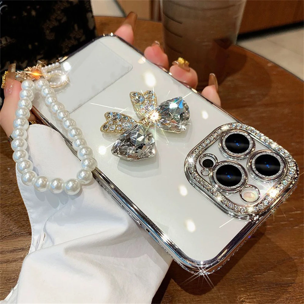 Luxury Plating Border 3D Diamond Bow Pearl Chain Case For iPhone 16 15 14 13 12 11 Pro Max X XR 7 8 Plus Shockproof Back Cover