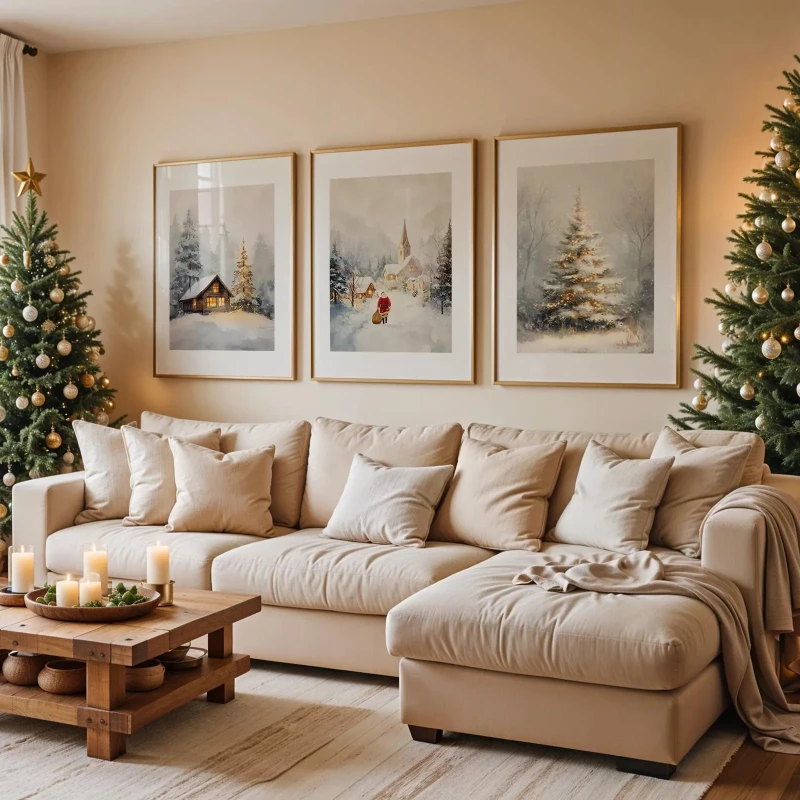 3PC Cozy Winter Cabin Print Christmas Wall Art  , Snowy Village Santa Poster, Festive Holiday Tree, Rustic Xmas Decorations