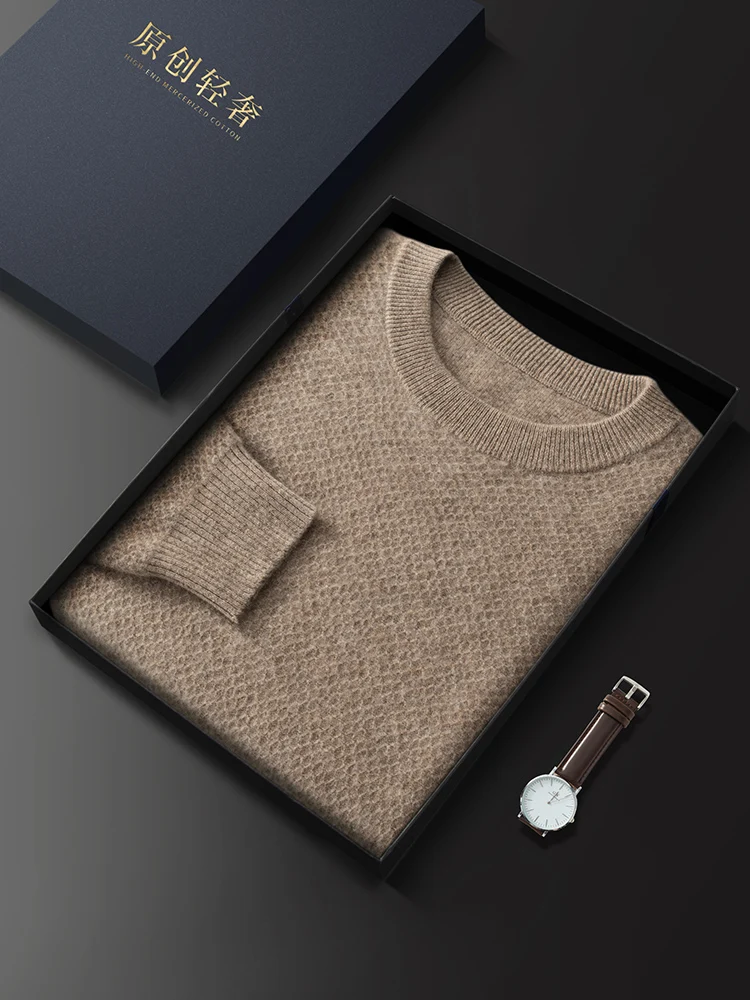 

2025 New Men 100% Cashmere Sweater Honeycomb Autumn Winter O-neck Thick Long Sleeve Pullover Smart Casual Cashmere Knitwear Tops