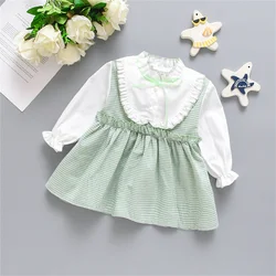 Spring and Autumn Girl Baby Dress Girl Lace Bubble Sleeves Long sleeved Dress Patched with Checkered Print Princess Dress