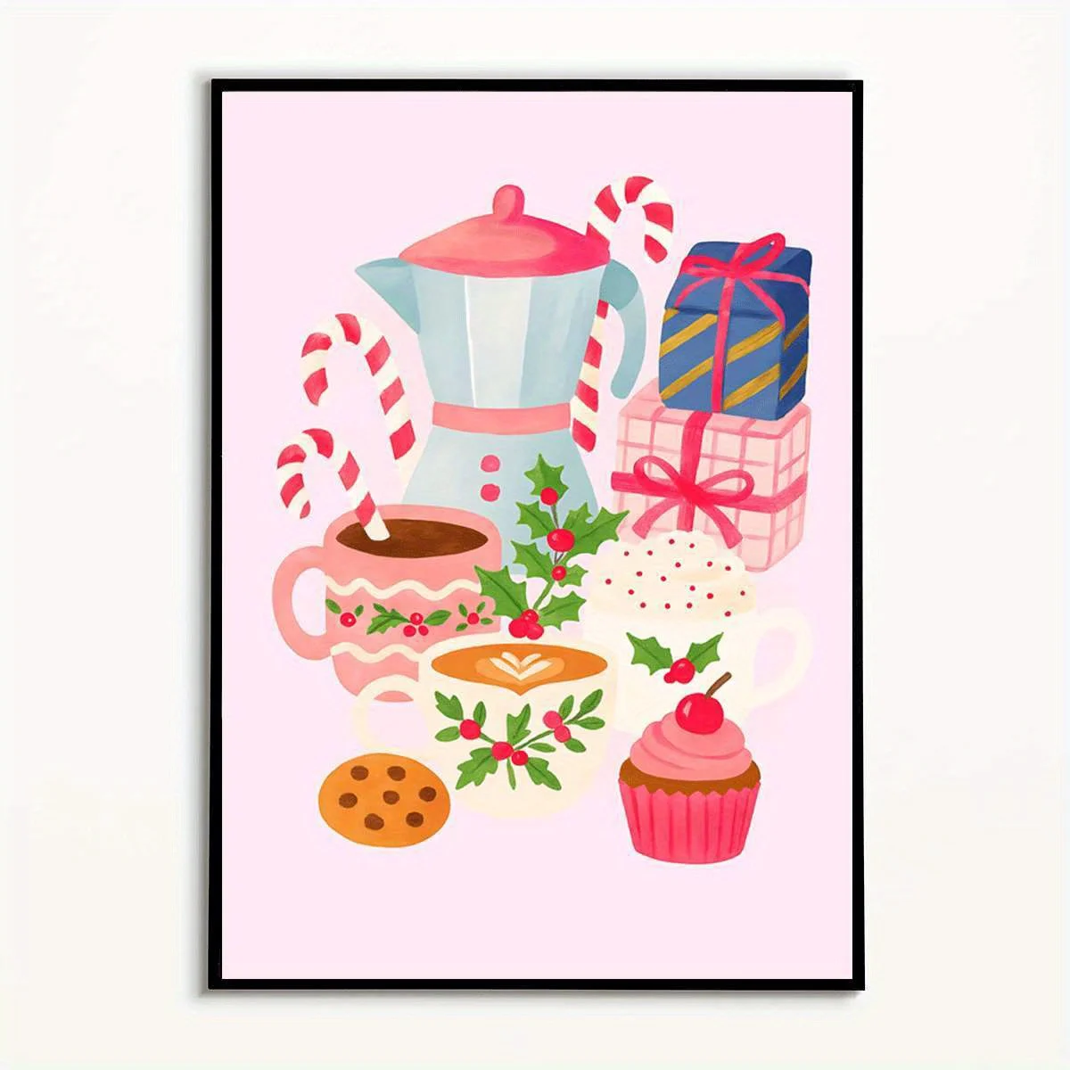 2D Flat, 2D Flat, 1pc 2D Flat Prints Featuring Holiday Beverage Artwork in a Cartoon Style, These Unframed Canvas Prints Serv