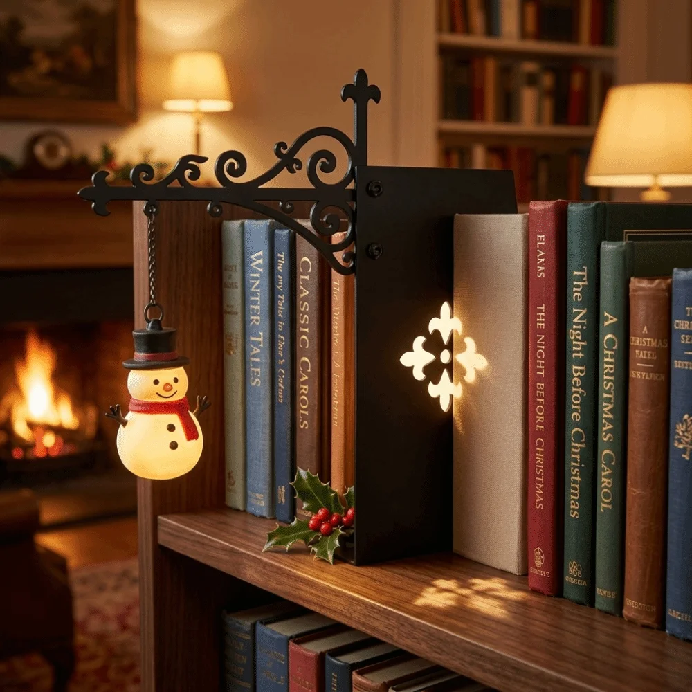 Retro Bookshelf Lantern Light Cartoon Santa Claus Cute Snowman Bookshelf Lamp Iron Art Book Classification Label