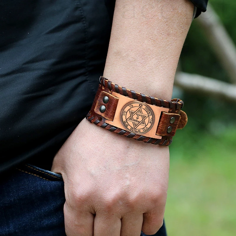 Trendy Totem Design Six-pointed Star Bracelet Men\'s Bracelet New Fashion Leather Woven Viking Accessorie Party Jewelry Wholesale