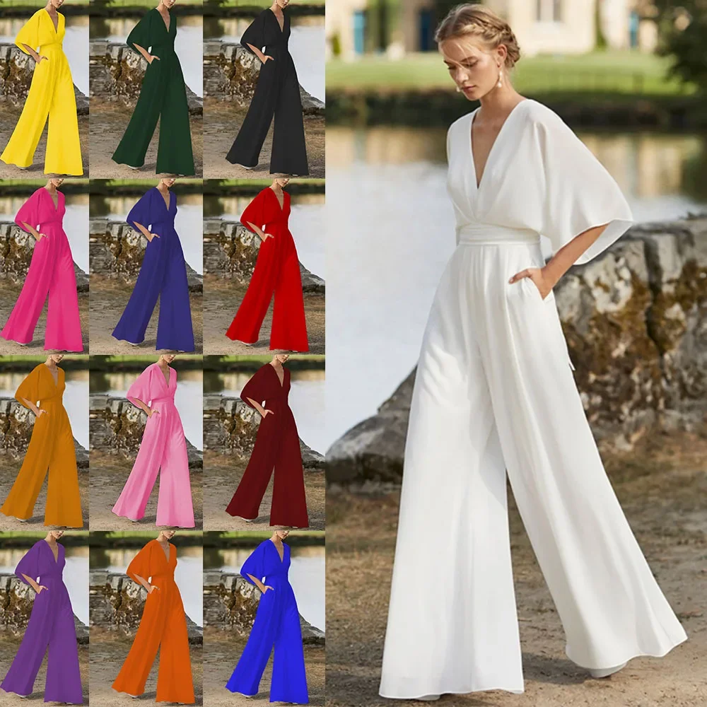 

New in Fall Outfits Women Women's Dress Jumpsuits Deep V High Waist Wide Leg Trousers Clothes for Women Female Jumpsuit Overalls