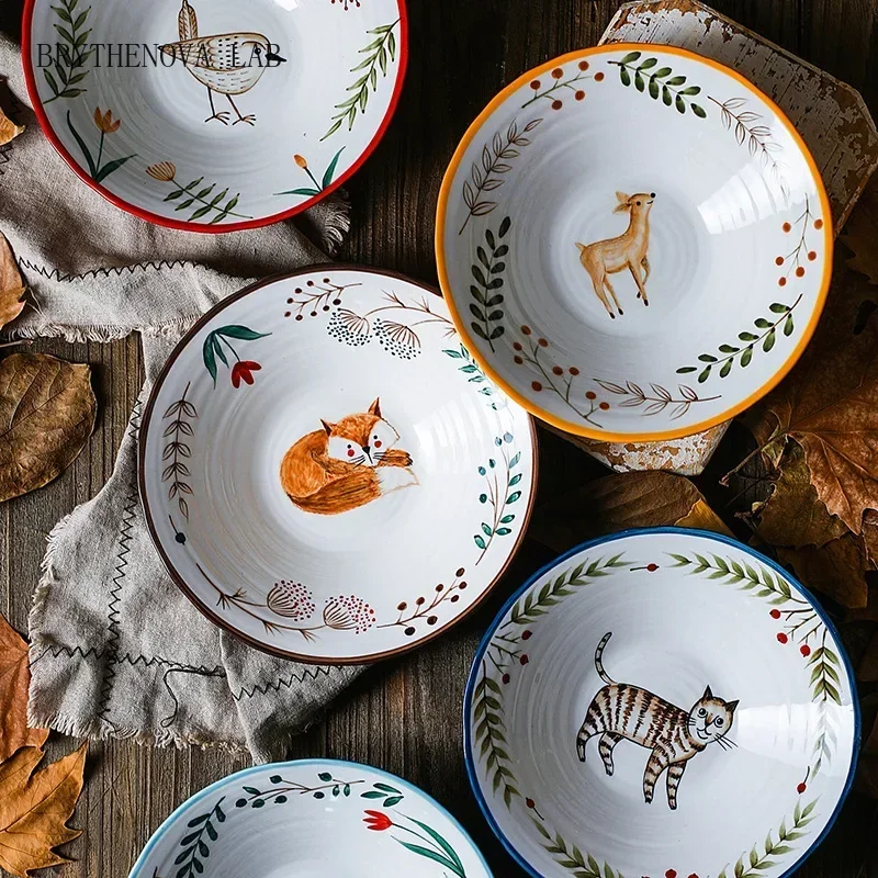 8 inch Ceramic Bowl Noodle Bowl Forest Design Animal Large Creative Restaurant Household Flower
