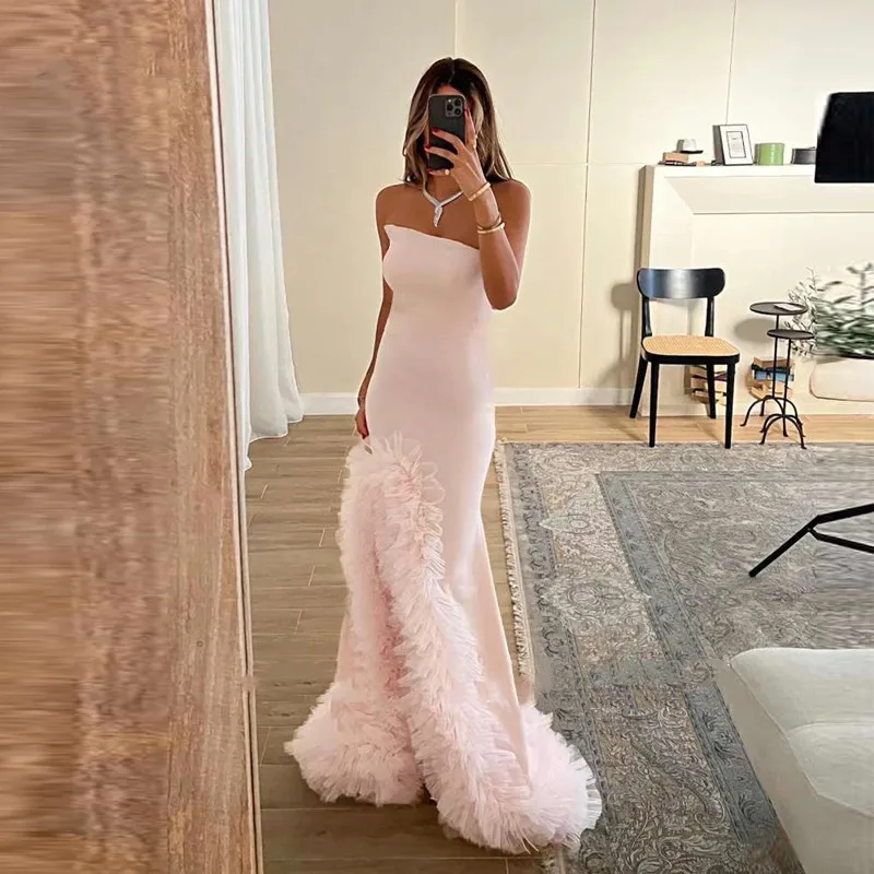 

Aleeshuo Elegant Satin Prom Gowns Simple Strapless Sleeveless Evening Dresses Tulle Ruched Sexy Backless Side Slit Customized