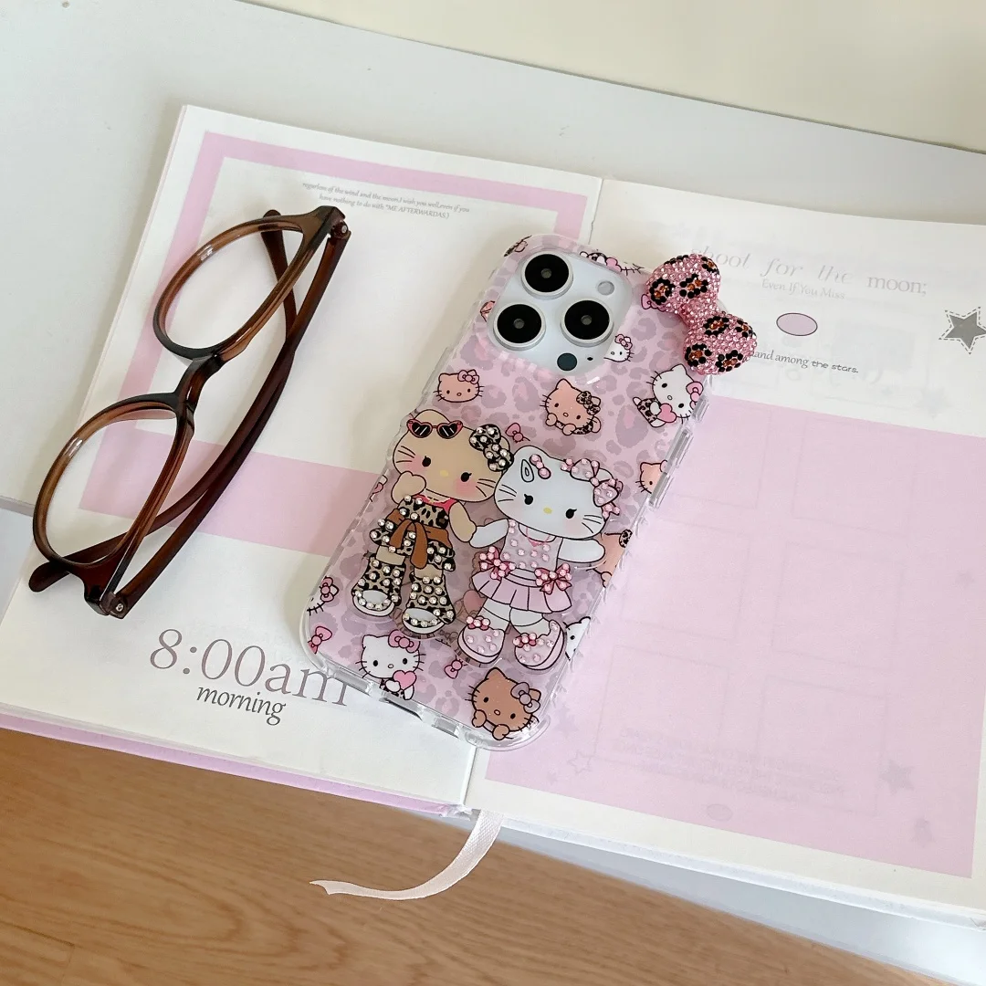 

Full Screen Leopard Print Hello Kitty Diamond Bow holder Phone Case For iPhone 16 15 14 13 12 Pro Max Plus Y2K Girl shell﻿