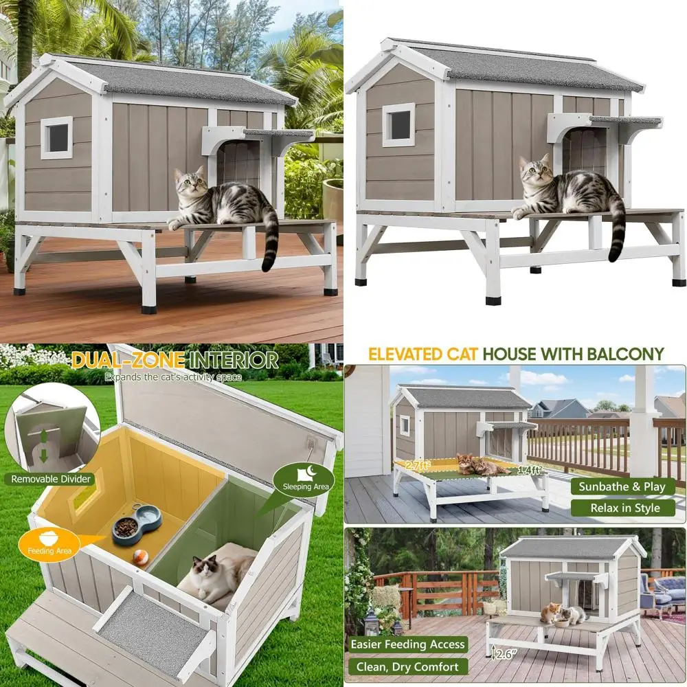 

Weatherproof Outdoor Cat Shelter, Wooden Pet House with Elevated Base and Removable Roof for Cats and Small Animals