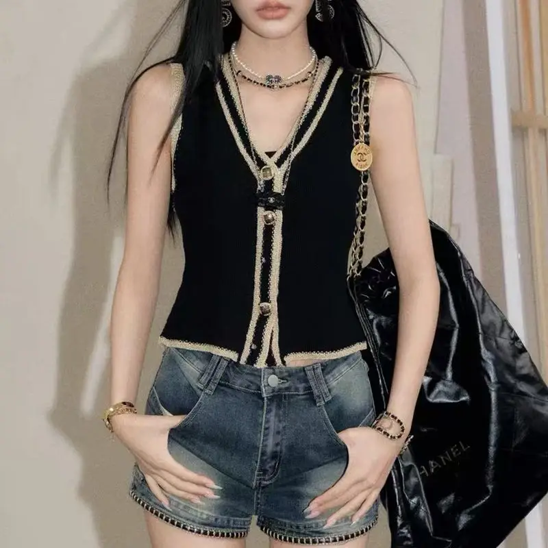 

Summer Vintage Fashion Sexy Tanks Tops Women Sleeveless Casual Vintagte V-neck Camisole Single Breasted Cardigan T-shirts