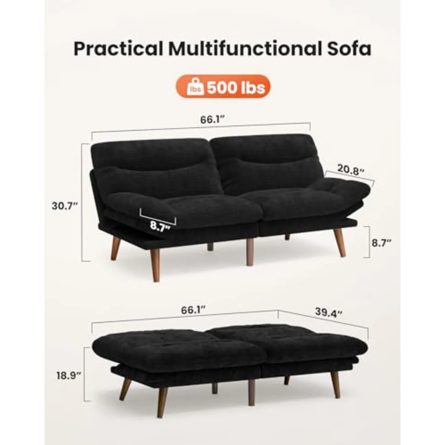 Amada 66" Convertible Futon Sofa Bed, Corduroy Folding Futon Set with Adjustable Backrest &Armrests, Recliner Lounge - view 3