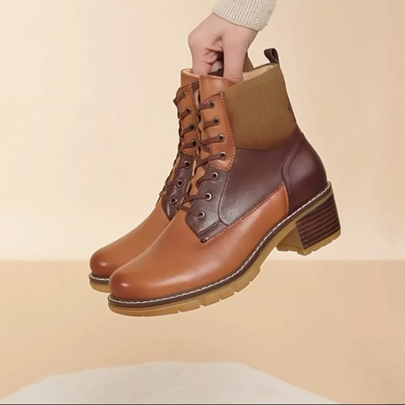 

2025 new round toe height increasing women's short boots winter British style front lace up slimming boots commuting ankle boots