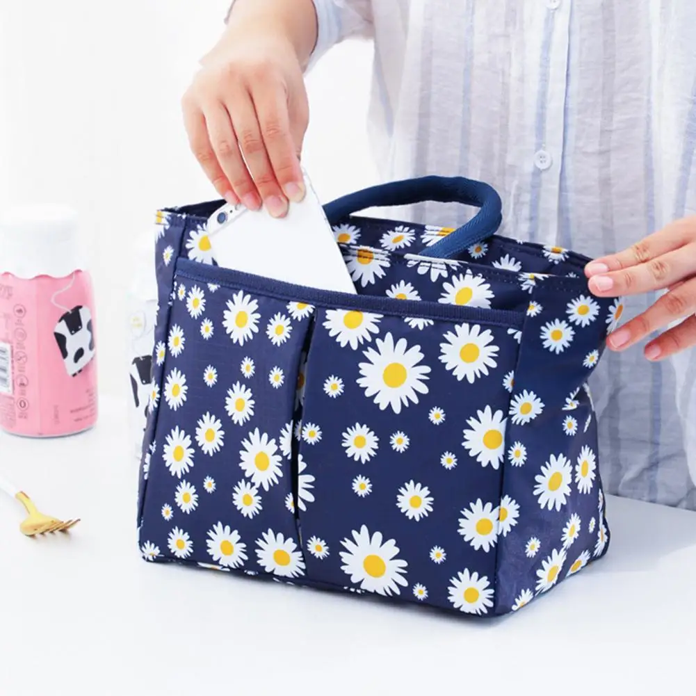 Bento Bag Waterproof Thickened Chrysanthemum Print Portable Oxford Cloth Japanese Style Handheld Insulated Lunch Bag Office