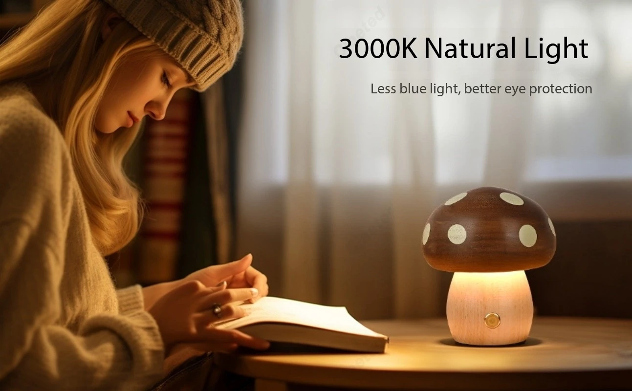Creative LED Solid Wood Mushroom Night Light Bedroom Bedside Atmosphere Lighting Children's Room Desk Lamp