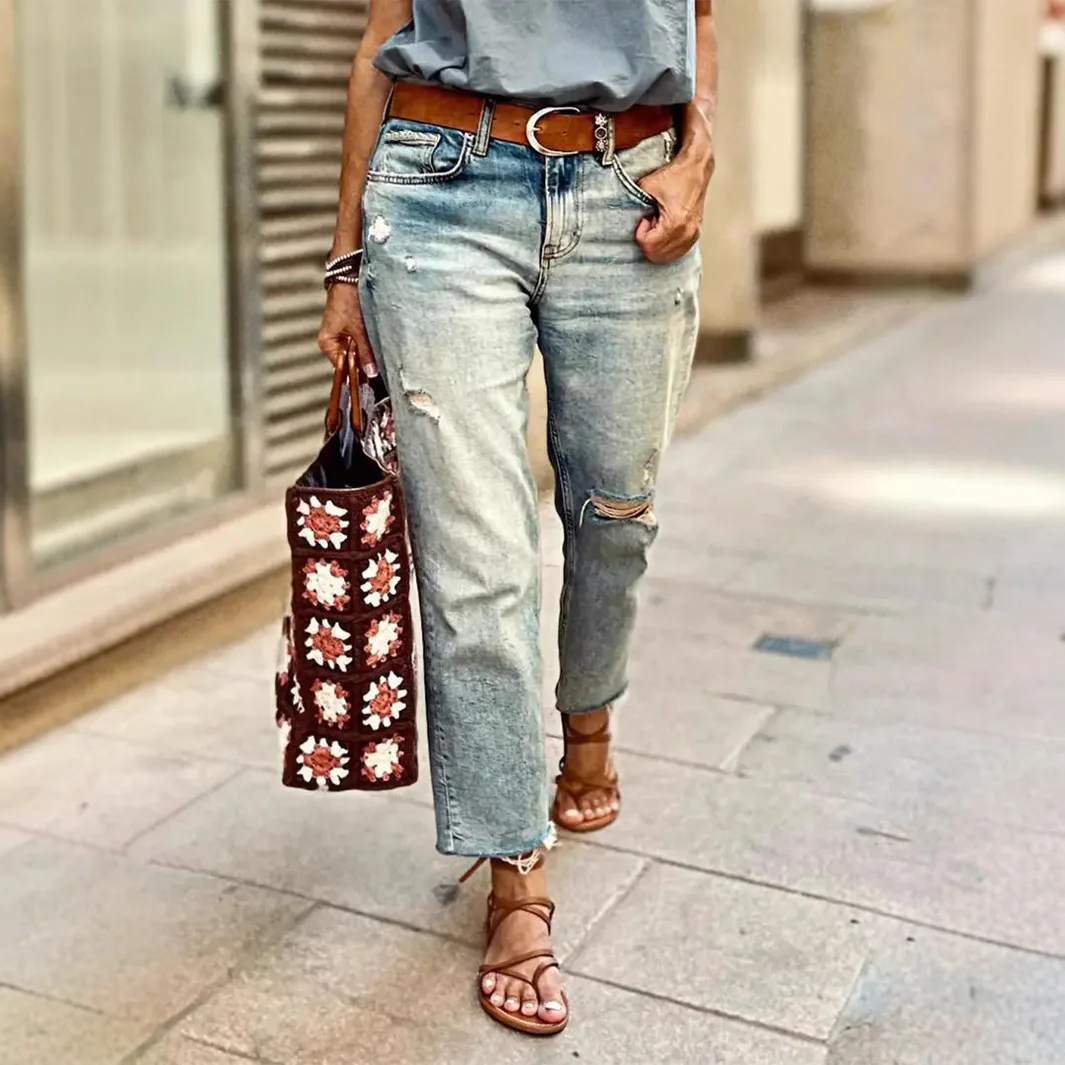 

Европейские и американские рваные прямые джинсы в стиле ретро, новые модные свободные женские джинсы весна-лето, удобные повседневные джинсы