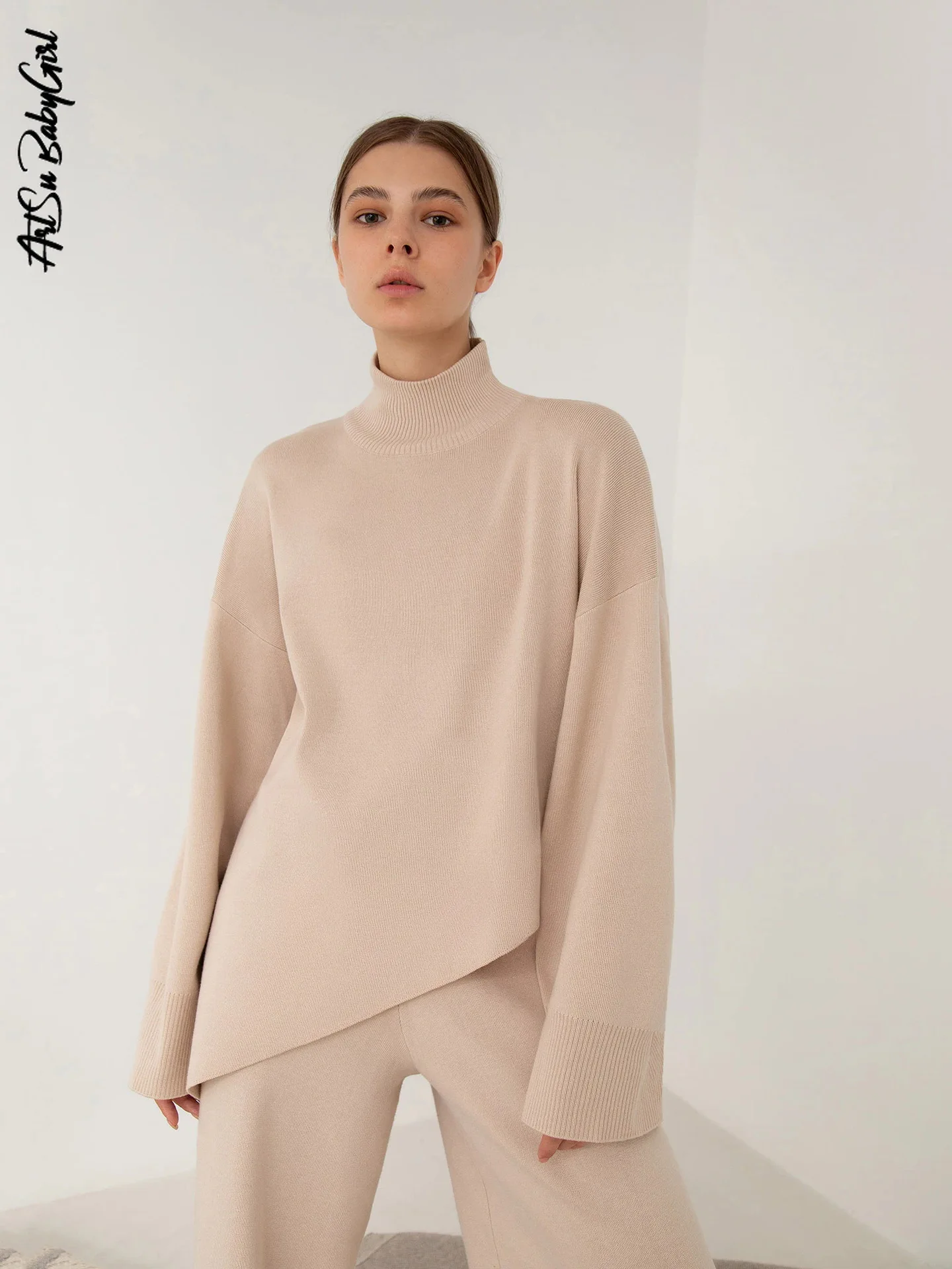 

Knitted Turtleneck Suit 2023 Autumn Fashion Woman Pullover Sets Irregular Long Sleeve Tops+wide Leg Pants Two Piece Suits