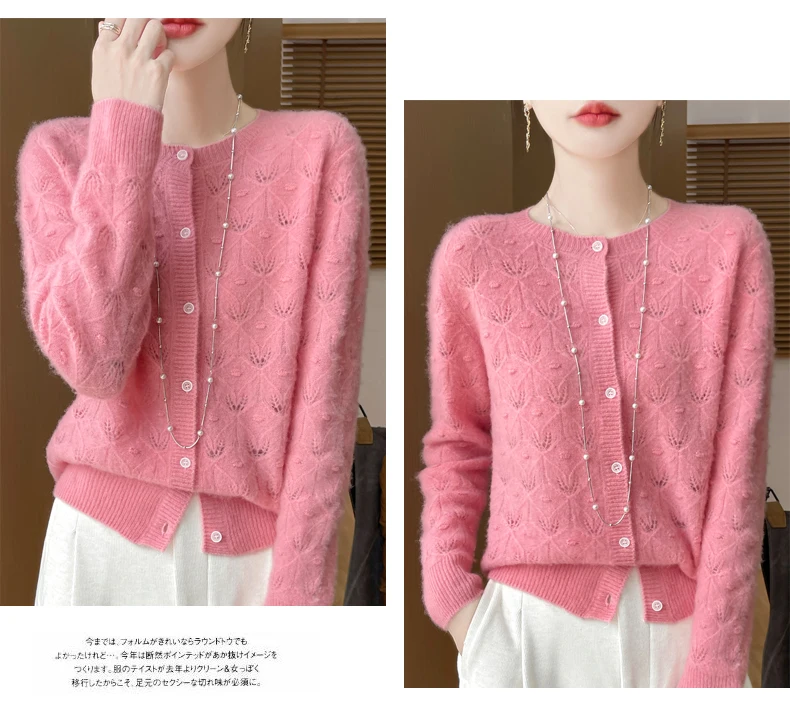 

Choice Fashion Women 100% Merino Wool Cardigans Autumn Winter O-neck Long Sleeve Knitwear Female Hollow Basic Wool Clothing Tops