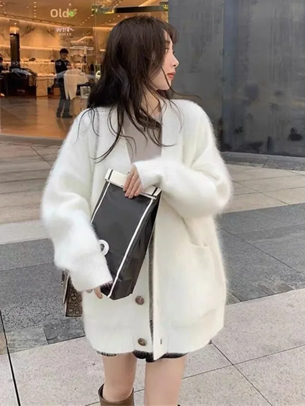 ゆったりとした女性のニットセーターコート冬フェイクミンクアウターウェアVネックロングスリーブ暖かい厚手カジュアルスリーブ春と秋