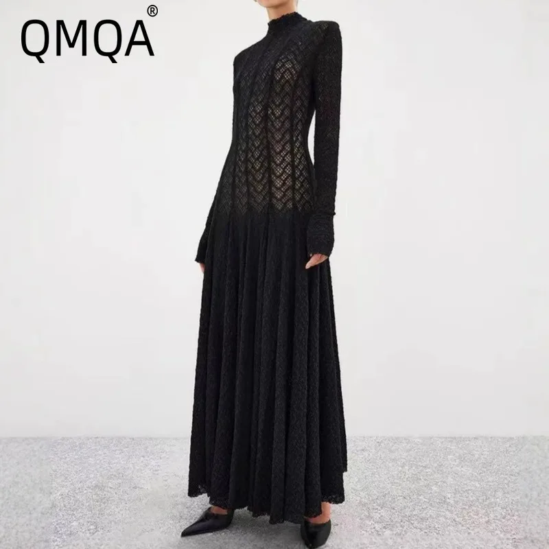 

QMQA Fashion Women's Elegant Evening Dress O Neck Lace Patchwork Waist Long Sleeve Slimming Party Dresses 2025 Spring New QM235