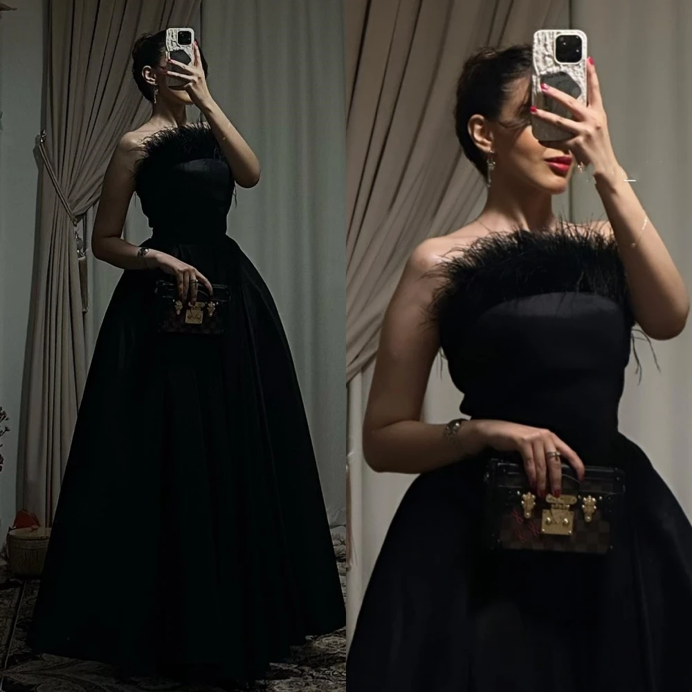 

Jiayigong Simple Exquisite Strapless A-line Feathers Satin Formal Occasion Gown vestidos para mujer gala فساتين نسائيه سهره