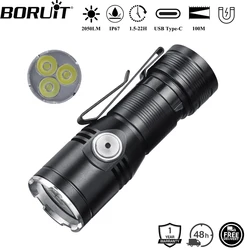 BORUiT ET15 3*LED Flashlight 2050LM Super Bright Type-c Rechargeable Torch with Magnet Waterproof Camping Lantern
