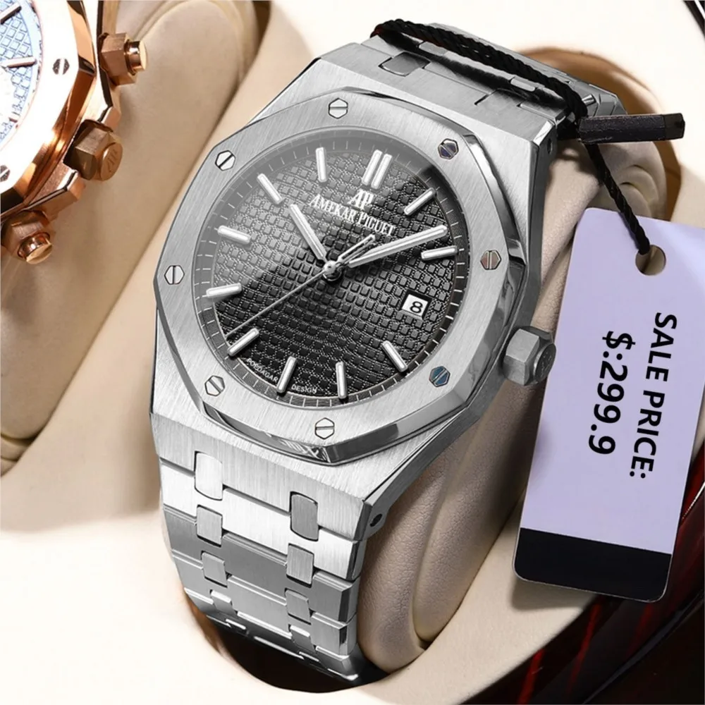 AP Brand Classic Trendy Brand Men's Delicacy Watch Waterproof Stainless Steel Wristwatch Luminous Date Mineral Glass Watch Gift