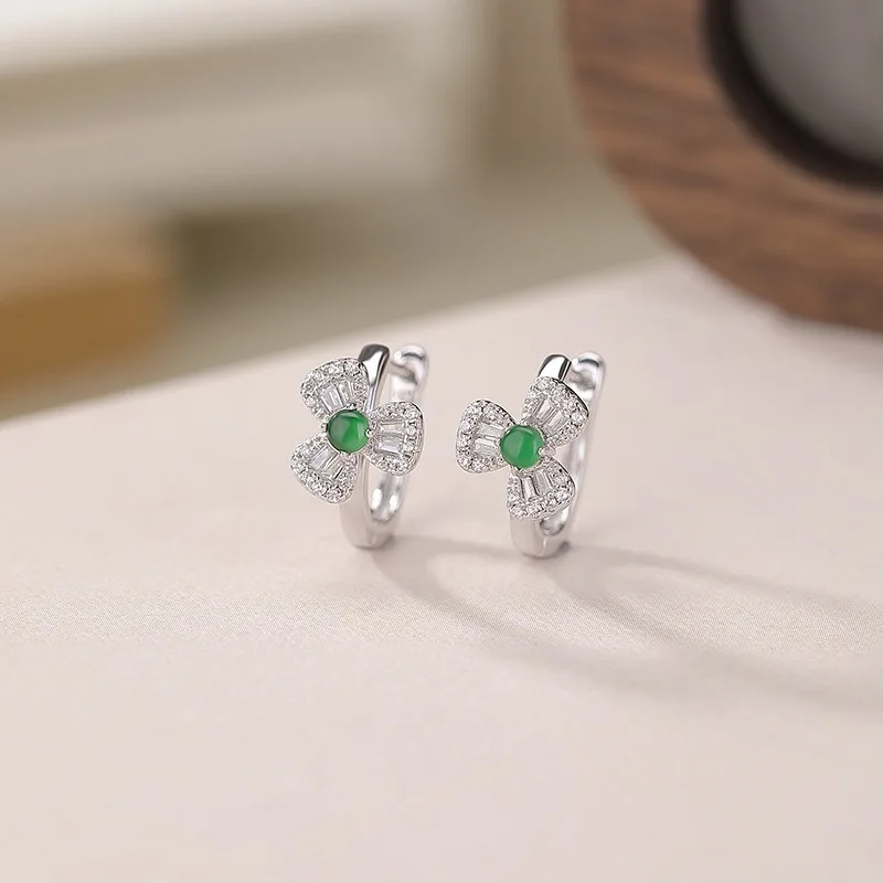 

TIMESWIND Women S925 Silver Three-petal Flower Green Jade Bead Zircon Earrings Certificate
