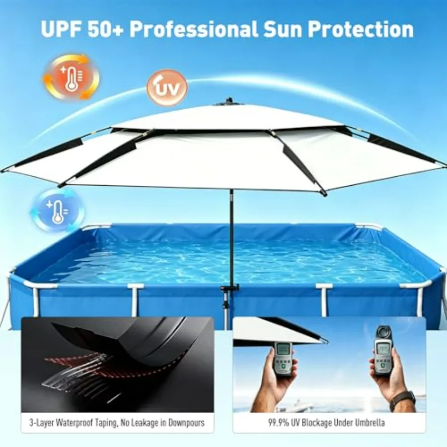 Above Ground Pool Umbrella 7.9 FT for Patio Beach Camping White Polyester with UPF 50+ Sun Protection, 360 Rotating Tilt Adjust