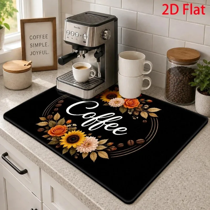 Kitchen Drainage Mat 2D Flat Coffee Sunflower Wreath Pad Super Absorbent Espresso Machine Cushion Countertop Placement
