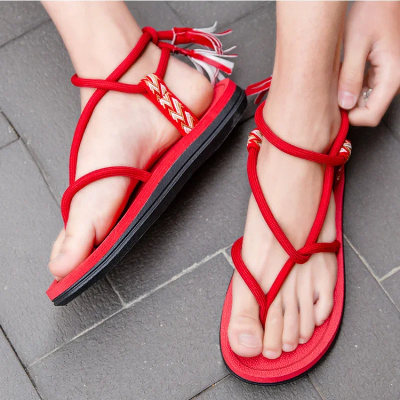 Pintoed Beach Sandals Couple Style Summer Trend Fashion Sandals Female Outerwear Rope Printed Herringbone Strap Slippers Male