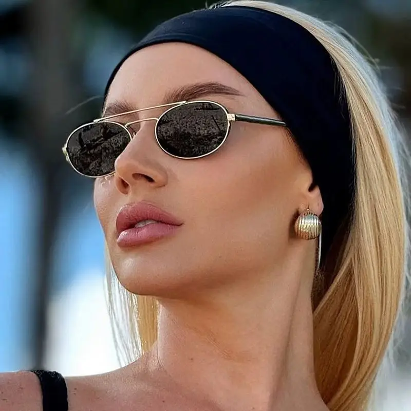 

Small oval metal frame steam punk women's sunglasses luxury designer brand retro double beam sunglasses classic punk glasses
