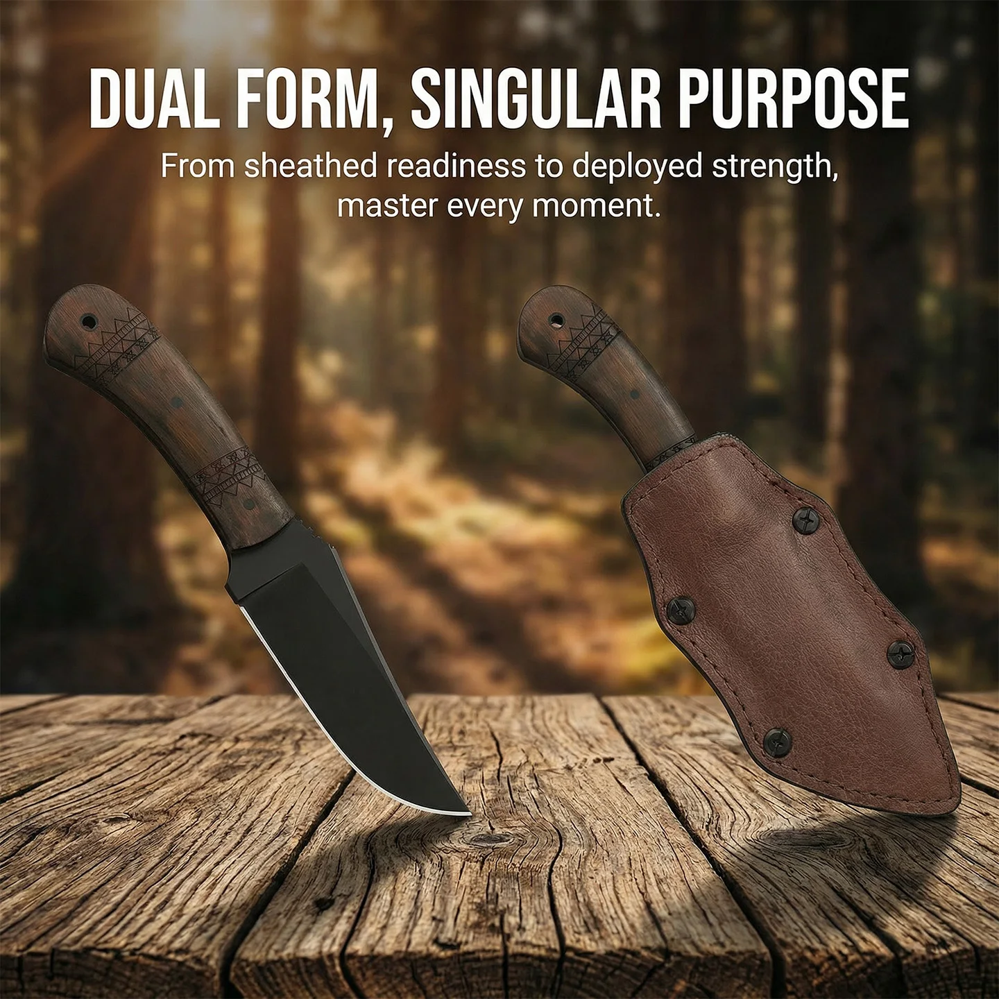 WK - Blue Mountain Outdoor Straight Knife - Maple Patch Handle Design - Sandwich-style Silent Body Structure Sheath