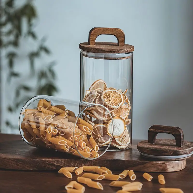 Japanese Style Kitchen Multigrain Coffee Bean Glass Sealed Storage Jar Large Capacity Wooden Lid Storage Jar Pasta Glass Bottle