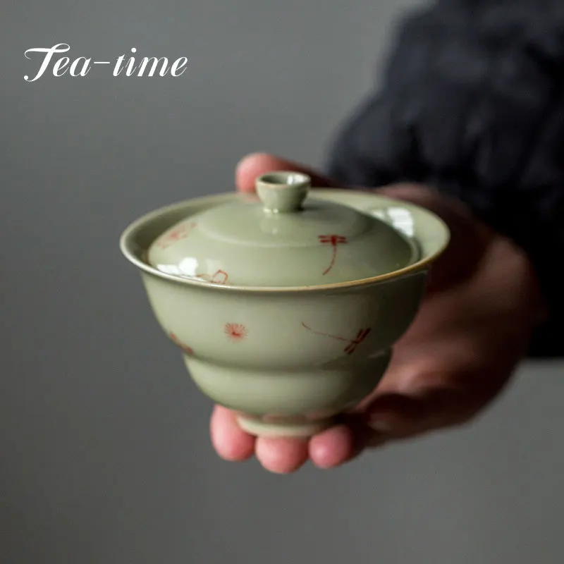 100ml Hand-painted Dragonfly Kiss Art Ceramic Tea Tureen Handmade Gourd Cover Bowl Tea Maker Gaiwan Kung Fu Teaware Set Gift Box