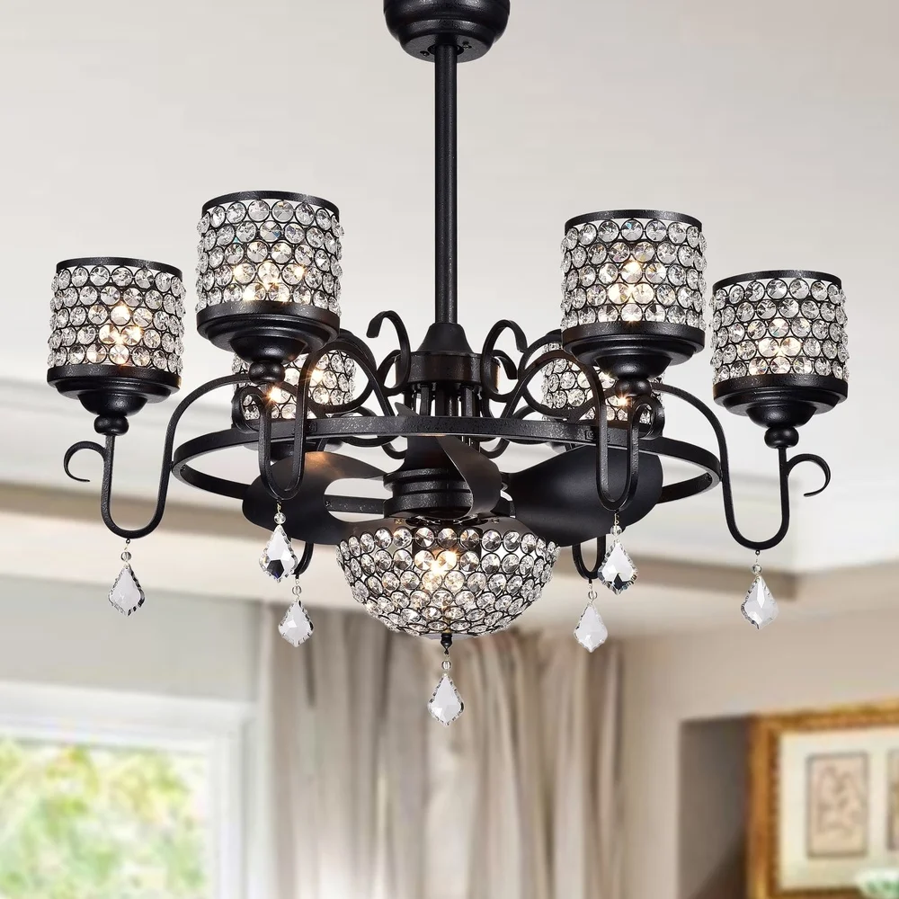35 بوصة أسود كريستال Fandelier مروحة السقف التحكم عن بعد 7 ضوء الثريا الحديثة الحديد تصميم كفاءة دوران الهواء