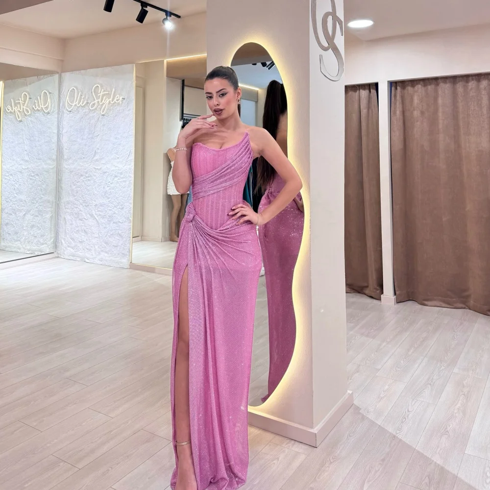 Bella Customized Pink Sequin Side Slit robes de soire Strapless Backless  Sleeveless Party Dresses Floor-Length Prom Dress 2025 - AliExpress