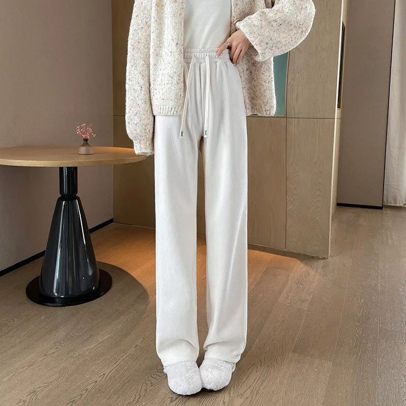 Spodnie damskie z wysokim stanem, ocieplane polarem, z prostymi nogawkami, z bawełny i aksamitu, jesienno-zimowe, wygodne, codzienne spodnie o prostym kroju.